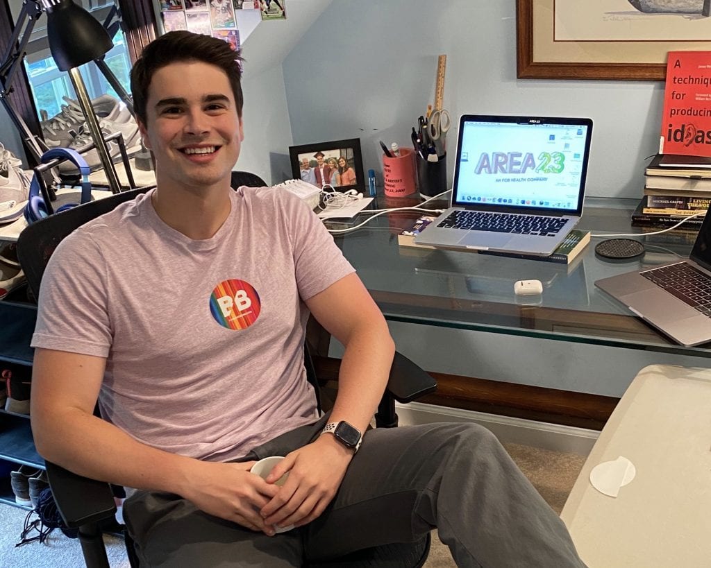Patrick Boyd shows off his remote office on the first day of his internship with FCB Health